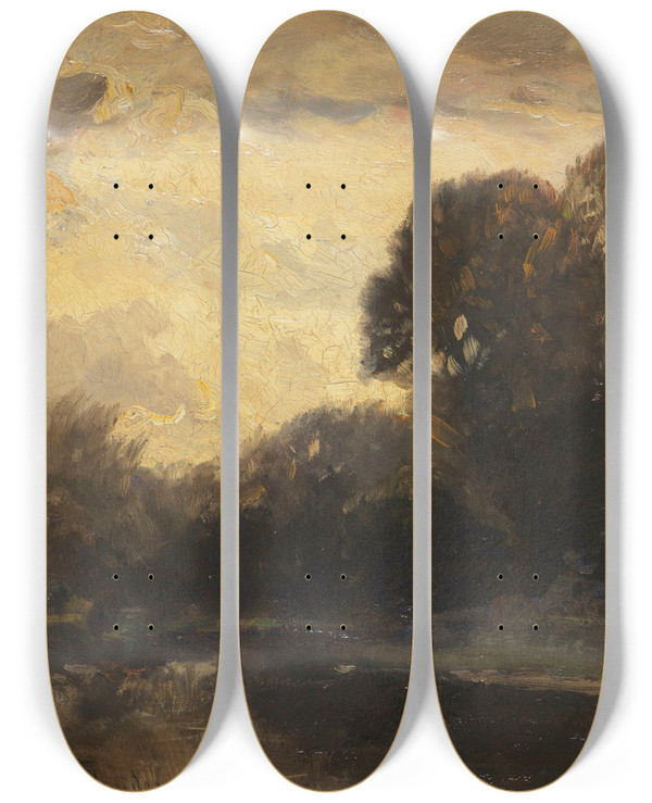 Triptych art skateboard deck of Ludwig Willroider Flusslandschaft by Ludwig Willroider (1845-1910)