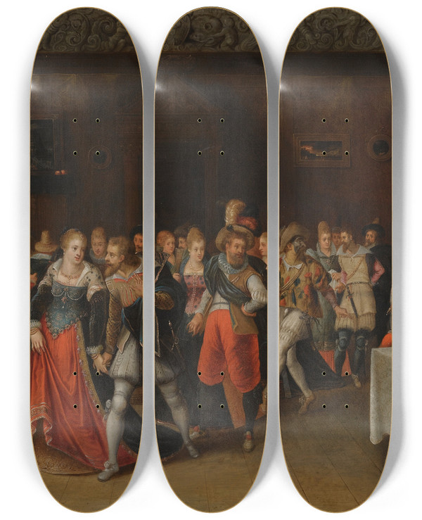 Triptych art skateboard deck of Hieronymus Francken Ii An Interior Scene With Elegant Figures At A Wedding by Hieronymus Francken Ii (1578-1623)