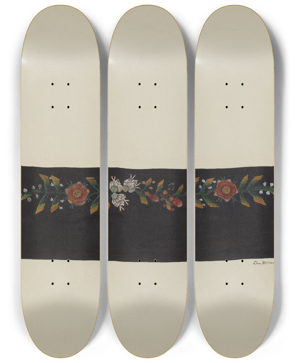 Triptych art skateboard deck of Donald Williams Embroidered Leather by Donald Williams
