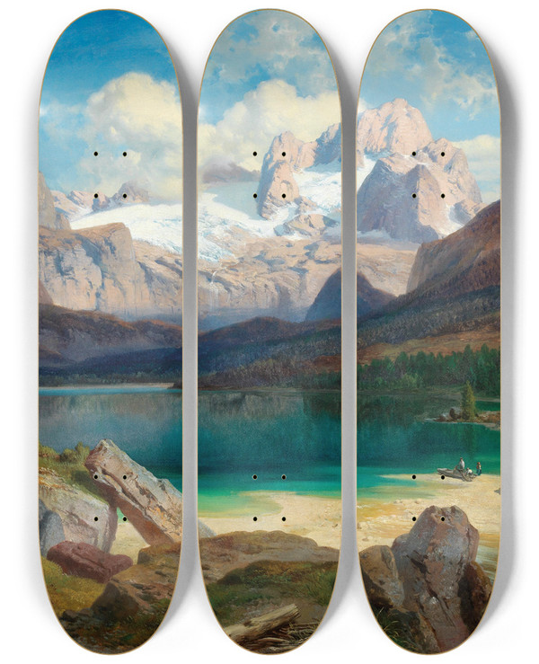 Triptych art skateboard deck of Albert Zimmermann Lake Gosau With A View Of The Dachstein Massif by Albert Zimmermann (1808-1888)