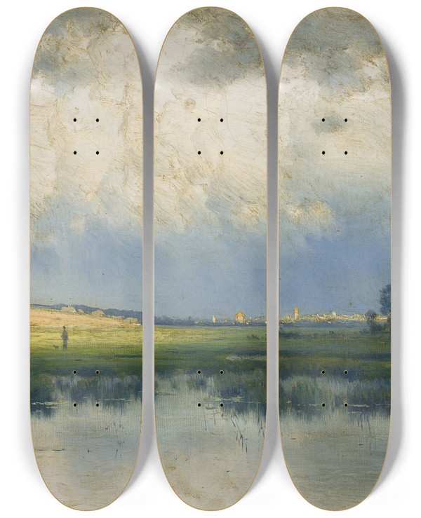 Triptych art skateboard deck of Konstanty J Kryycki Landscape by Konstanty J Kryzycki (1858-1911)