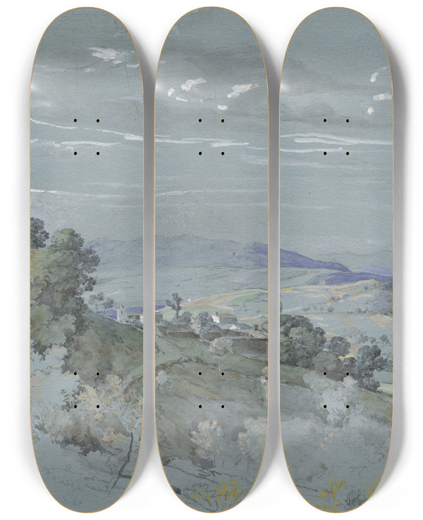Triptych art skateboard deck of Johann Georg Von Dillis The Hills Of Umbria Near Perugia by Johann Georg Von Dillis (1759-1841)