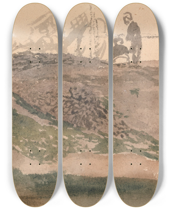 Triptych art skateboard deck of John Linnell Figures On A Bank Kensington Gravel Pits by John Linnell (1792-1882)