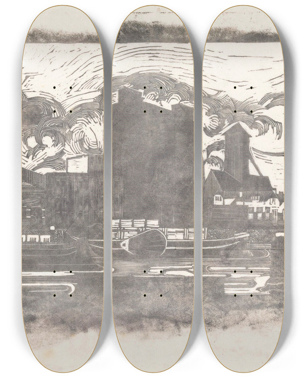 Triptych art skateboard deck of Jac Jongert Fabriek Aan De Zaan by Jac Jongert (1883-1942)