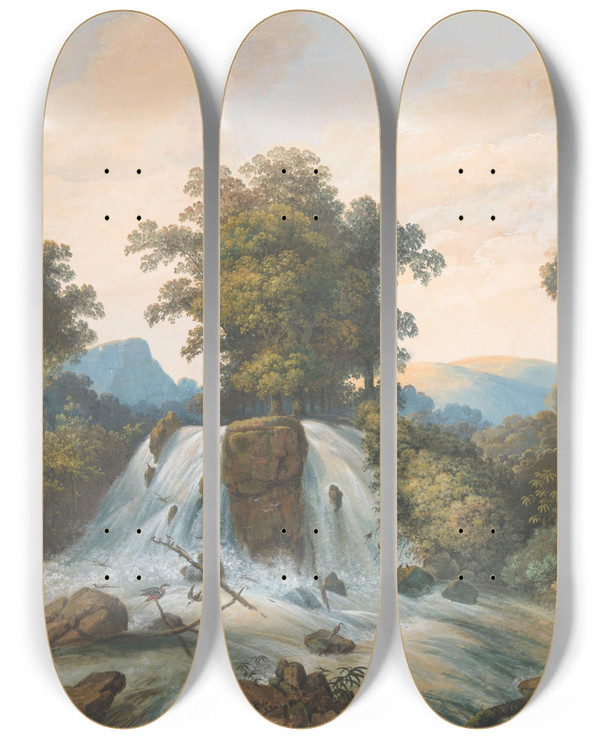 Triptych art skateboard deck of Charles William Meredith Van De Velde Gezicht Op De Rivier Van Kema Waterhaalplaats by Charles William Meredith van de Velde (1818-1898)