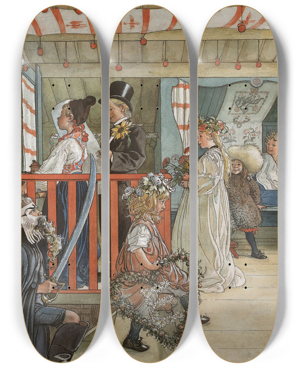 Triptych art skateboard deck of Carl Larsson A Day Of Celebration by Carl Larsson (1853-1919)