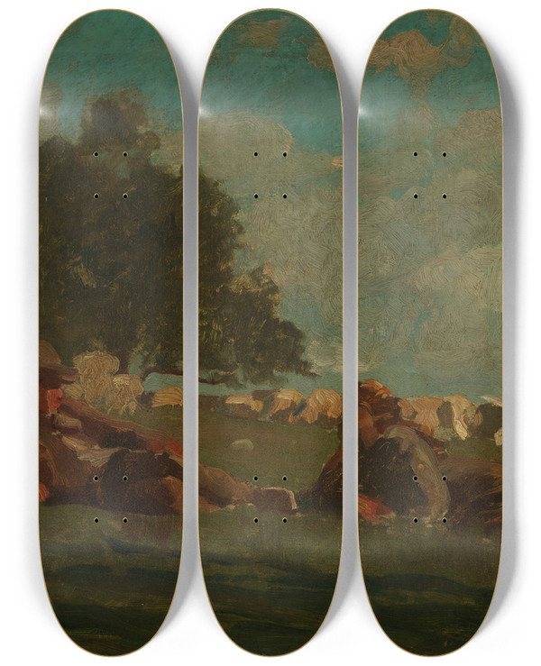 Triptych art skateboard deck of Winslow Homer Boy And Girl In A Field With Sheep by Winslow Homer (1836-1910)