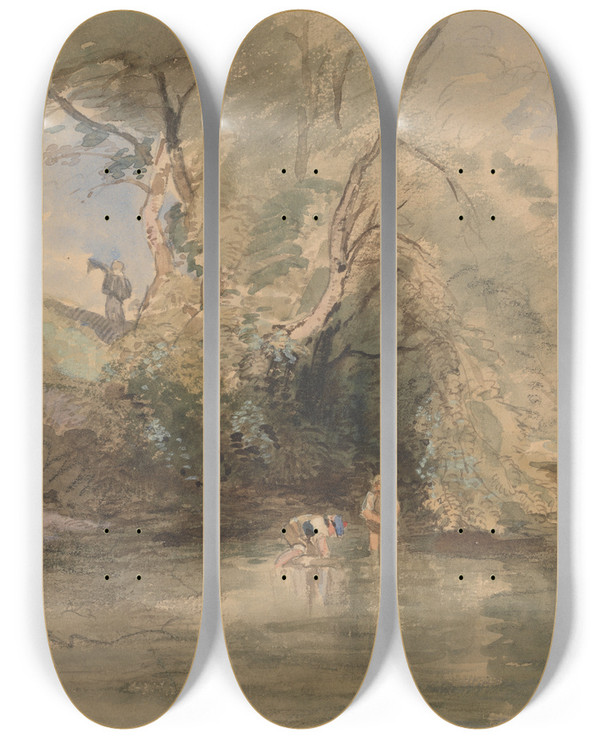 Triptych art skateboard deck of William Collins Paddling by William Collins (1788-1847)