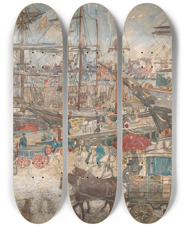 Triptych art skateboard deck of Maurice Prendergast Dockseast Boston by Maurice Prendergast (1858-1924)