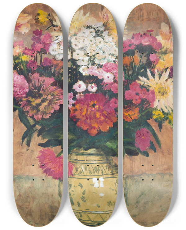 Triptych art skateboard deck of Antonn Hudeek Bouquet In A Vase by Antonin Hudecek (1872-1941)