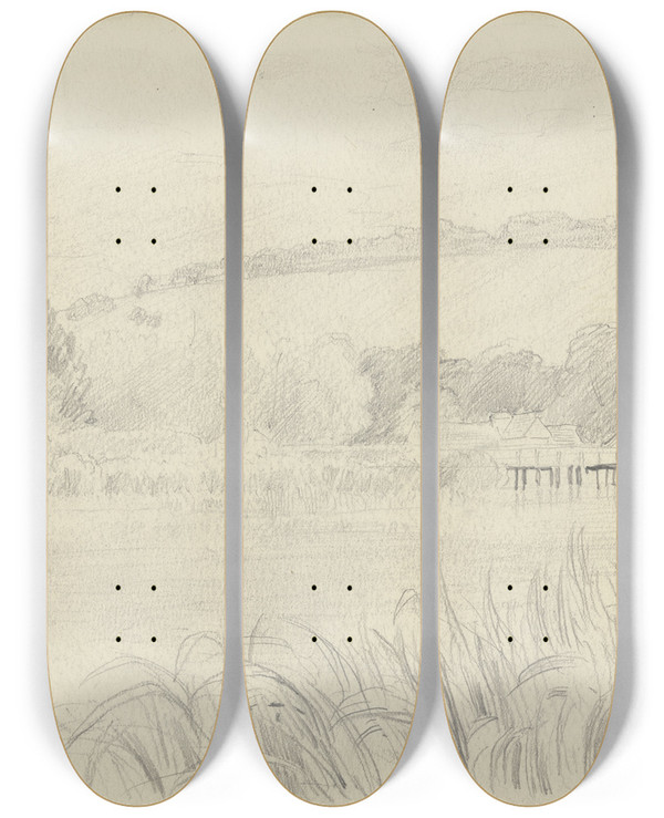 Triptych art skateboard deck of Otto Scholderer Flusslandschaft Bei Streatleyonthames by Otto Scholderer (1834-1902)