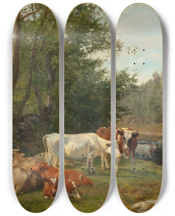 Triptych art skateboard deck of Anders Askevold Landscape With Cattle by Anders Askevold (1834-1900)