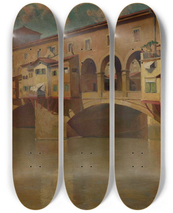 Triptych art skateboard deck of Stanisaw Janowski Bridge Over The Arno River by Stanislaw Janowski (1866-1942)