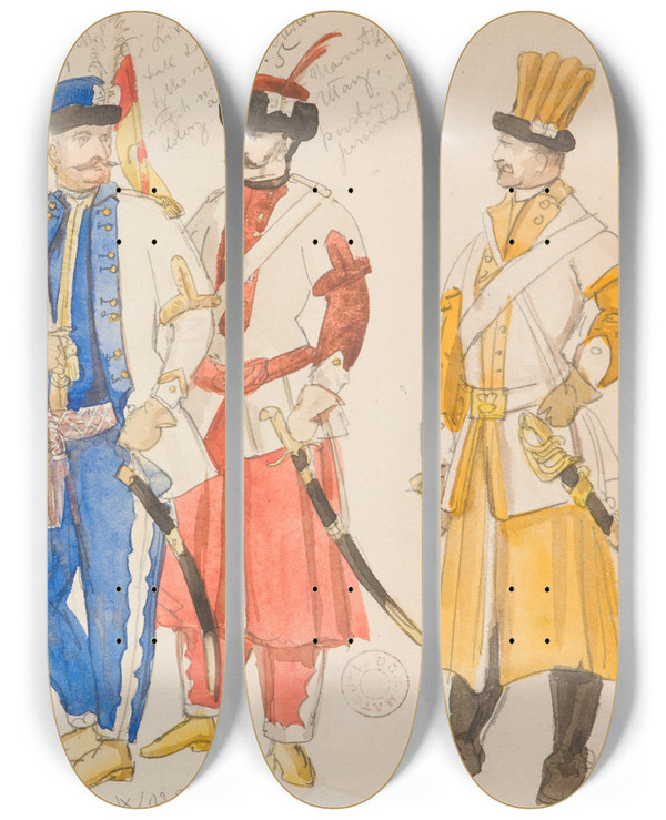 Triptych art skateboard deck of Jan Matejko Studia Kostiumowe Szereg Postaci Mskich W Strojach Wojskowych by Jan Matejko (1838-1893)