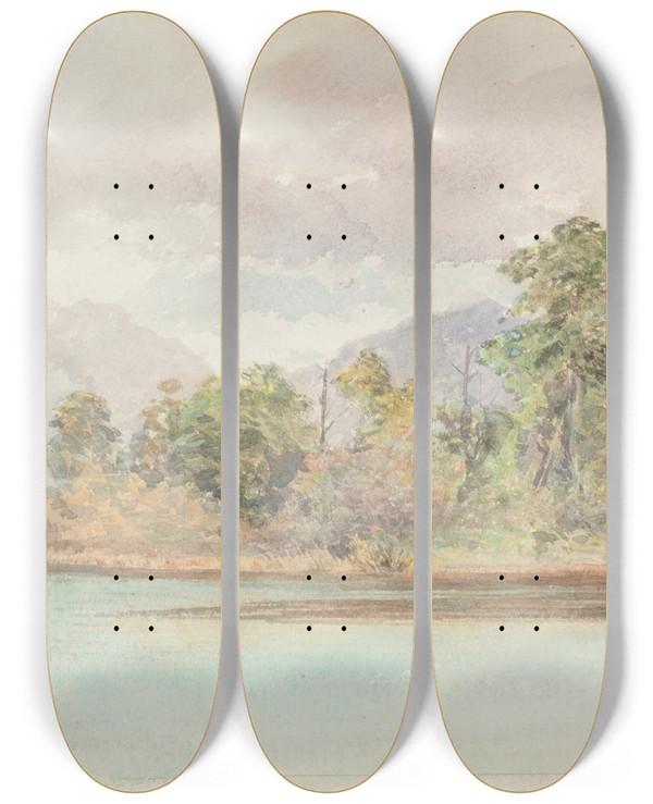 Triptych art skateboard deck of James Crowe Richmond Boat Harbour Te Anau by James Crowe Richmond (1822-1898)