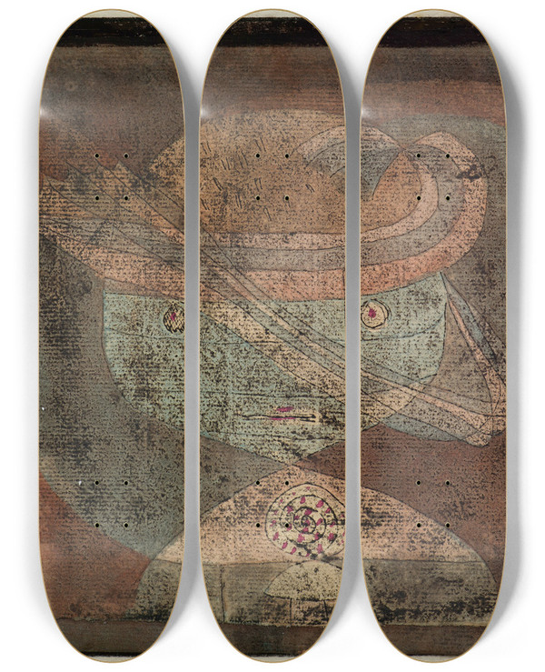 Triptych art skateboard deck of Paul Klee Movement Around A Child by Paul Klee (1879-1940)