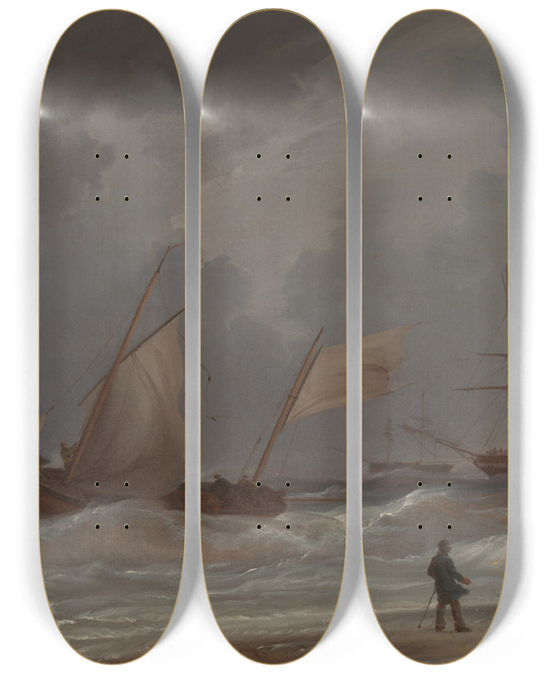 Triptych art skateboard deck of William Joy A Lugger Driving Ashore In A Gale by William Joy (1803-1867)