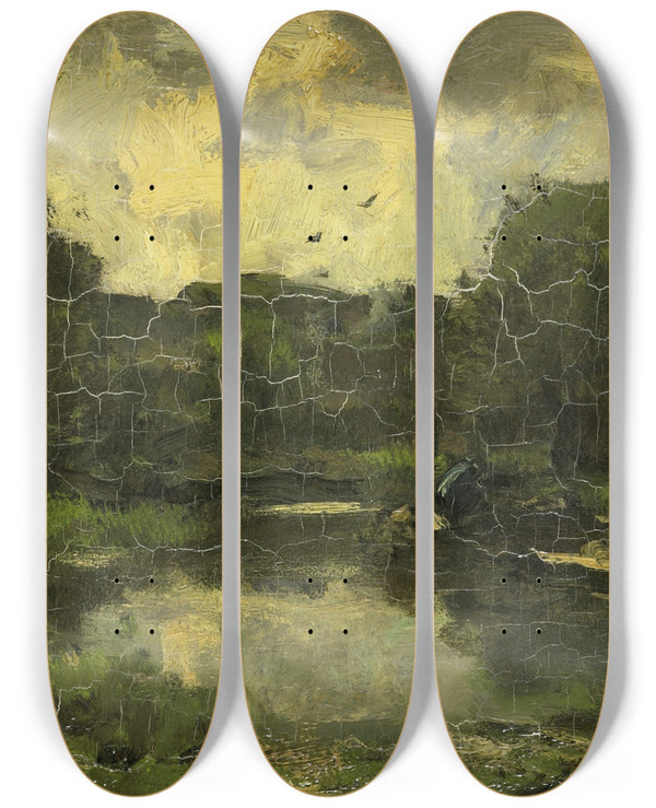 Triptych art skateboard deck of Jacob Maris Landschap Met Schuit by Jacob Maris (1837-1899)