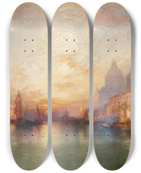 Triptych art skateboard deck of Thomas Moran Venice Grand Canal At Sunset by Thomas Moran (1837-1926)
