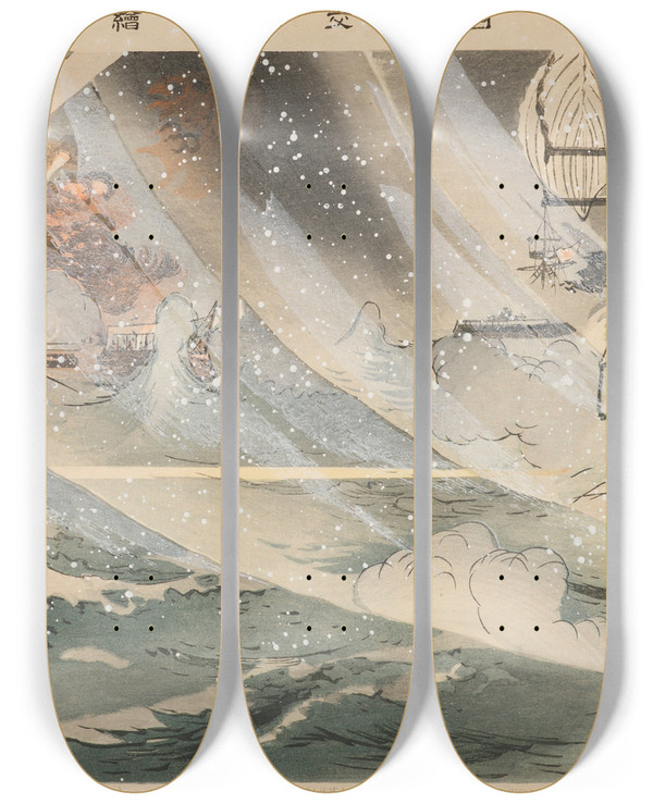 Triptych art skateboard deck of Kura Kt Pictures Of The Russojapanese Conflict Number Five The Second Attack In The Harbor Of Port Arthur by kura Kt (1910)