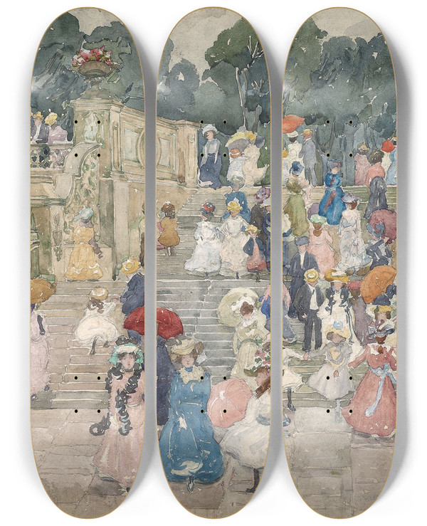 Triptych art skateboard deck of Maurice Prendergast The Terrace Bridge Central Park by Maurice Prendergast (1858-1924)