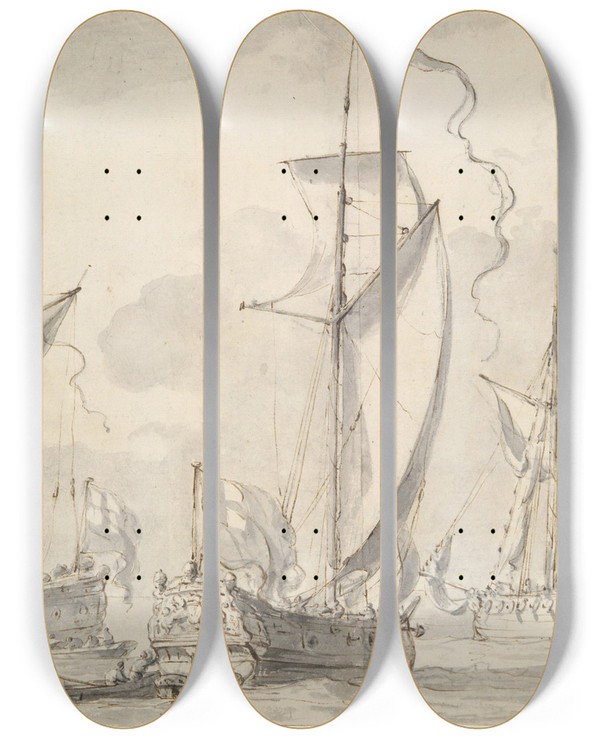 Triptych art skateboard deck of Willem Van De Velde The Younger Three Britishmenofwar by Willem van de Velde the Younger (1633-1707)
