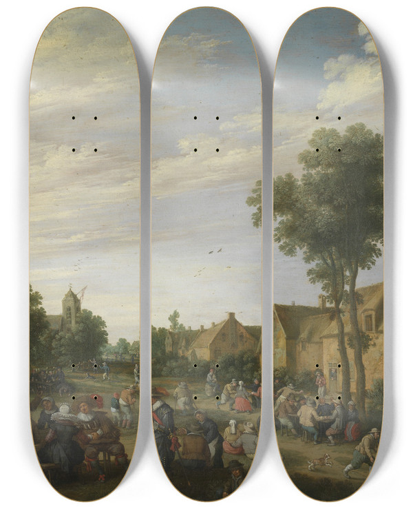 Triptych art skateboard deck of Joost Cornelisz Droochsloot Village Fair by Joost Cornelisz Droochsloot (1586-1666)