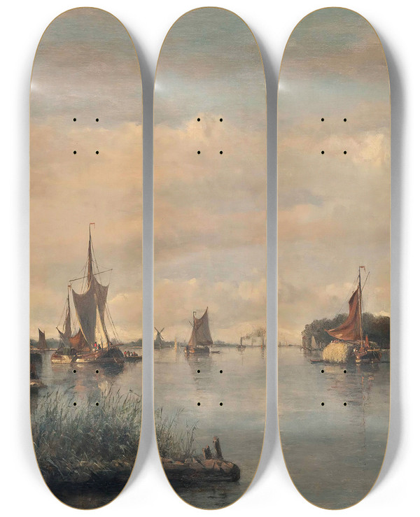 Triptych art skateboard deck of Francois Carlebur Vessels On The Oude Maas Before The Grote Kerk Dordrecht by Francois Carlebur (1821-1893)