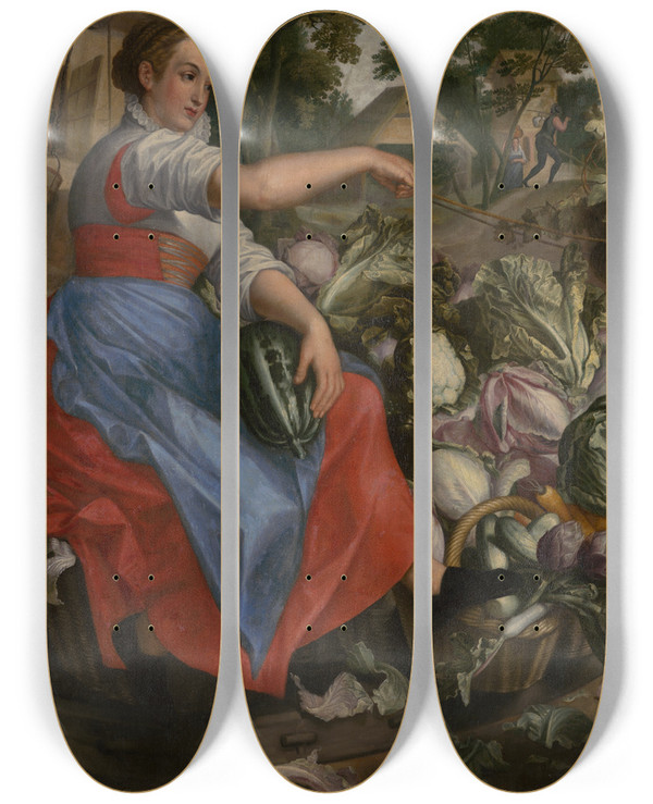 Triptych art skateboard deck of Circle Of Joachim Beuckelaer Women With Vegetables by circle of Joachim Beuckelaer (1534-1574) Triptych art skateboard deck of Circle Of Joachim Beuckelaer Women With Vegetables by circle of Joachim Beuckelaer (1534-1574)