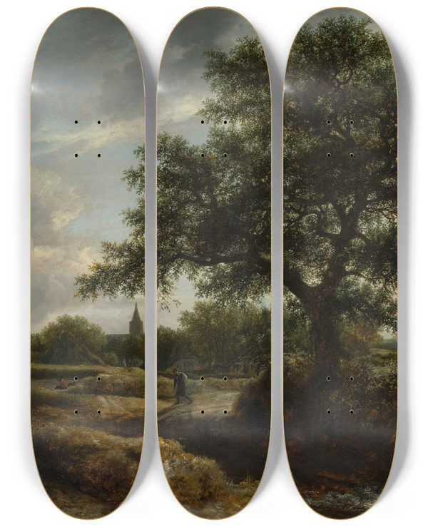 Triptych art skateboard deck of Jacob Van Ruisdael Landscape With A Village In The Distance by Jacob Van Ruisdael (1628-1682)