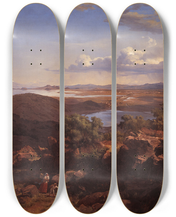 Triptych art skateboard deck of Jos Mara Velasco The Valley Of Mexico From The Santa Isabel Mountain Range by Jose Maria Velasco (1840-1912)