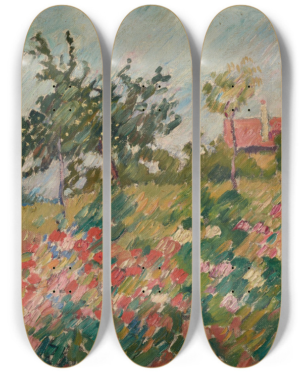 Triptych art skateboard deck of Louis Valtat La Maison Dans Le Jardin Fleuri by Louis Valtat (1869-1952)