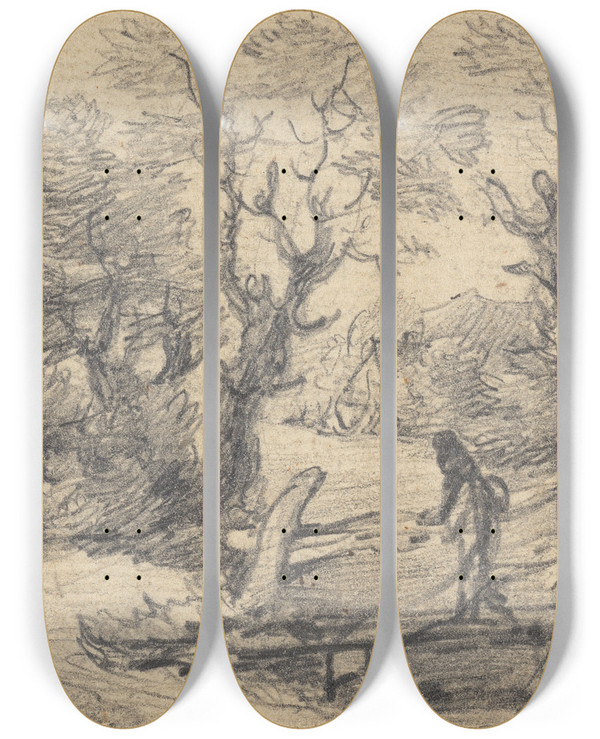 Triptych art skateboard deck of Gainsborough Dupont Landscape With Figure On A Footbridge by Gainsborough Dupont (1754-1797)