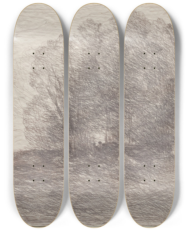 Triptych art skateboard deck of Jeanbaptistecamille Corot Group Of Trees by Jean-Baptiste-Camille Corot (1796-1875)
