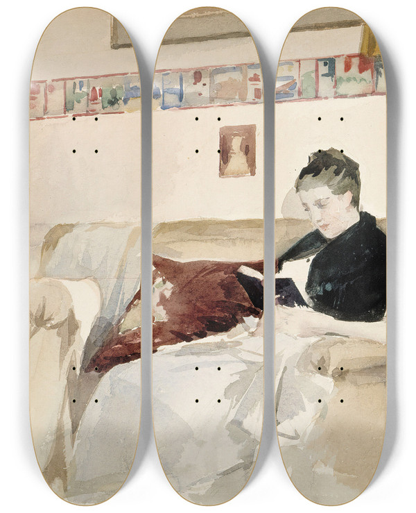 Triptych art skateboard deck of Albert Edelfelt Artists Wife Reading On The Sofa by Albert Edelfelt (1854-1905)