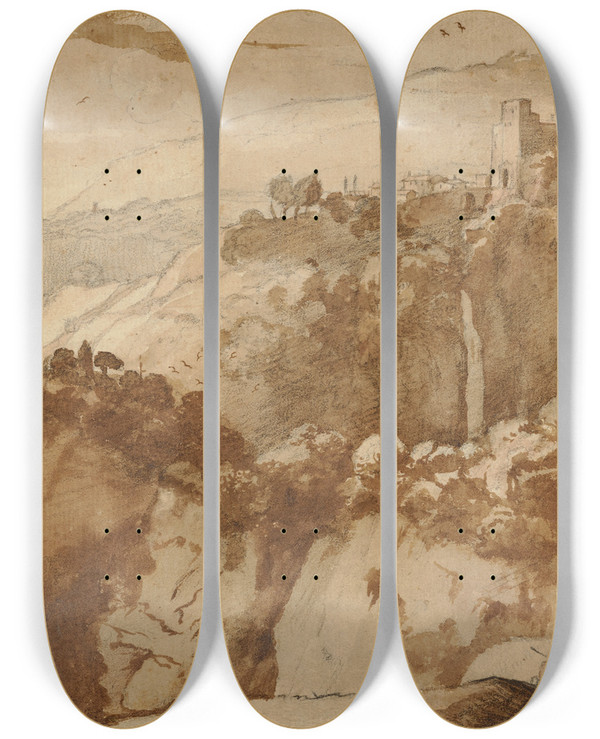 Triptych art skateboard deck of Claude Lorrain View Of Tivoli by Claude Lorrain (1604-1682)