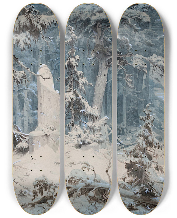 Triptych art skateboard deck of Andreas Achenbach Snowy Forest by Andreas Achenbach (1815-1910)