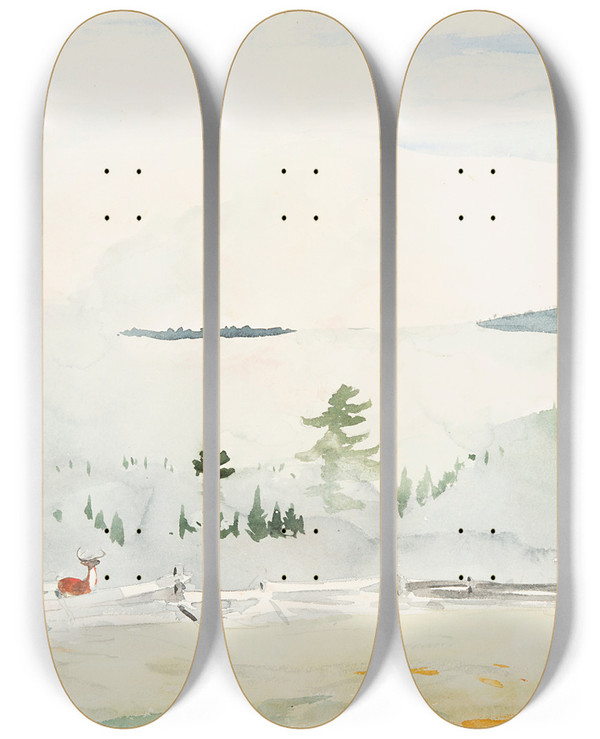 Triptych art skateboard deck of Winslow Homer Landscape With Deer In A Morning Haze by Winslow Homer (1836-1910)
