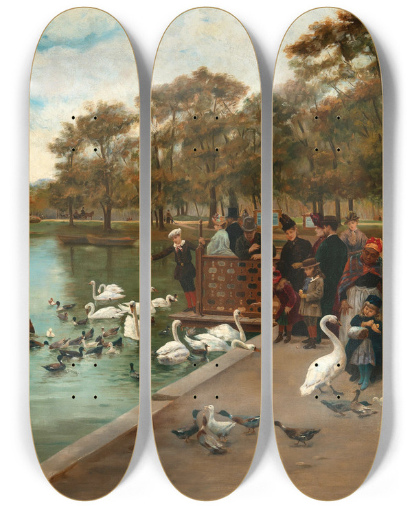 Triptych art skateboard deck of Jules Scalbert Feeding Swans by Jules Scalbert (1851-1928)