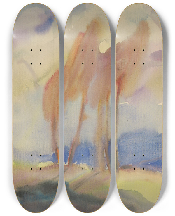 Triptych art skateboard deck of Zolo Palugyay Autumn Birch Trees In A Sunlit Meadow by Zolo Palugyay (1898-1935)