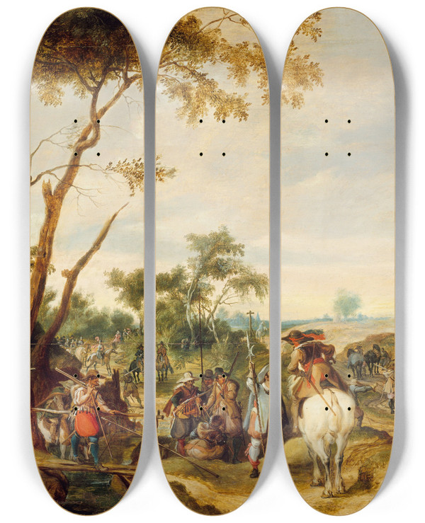 Triptych art skateboard deck of Peter Snayers Soldiers Bivouacking by Peter Snayers (1592-1667)