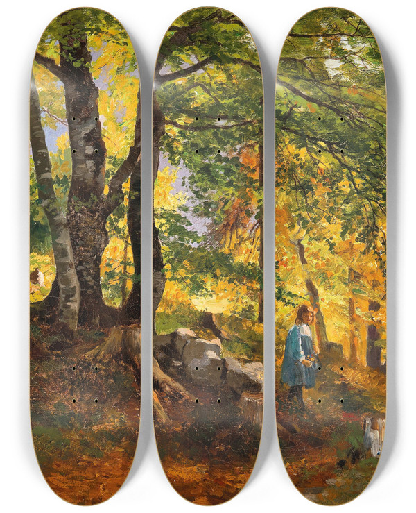 Triptych art skateboard deck of Georg Holub Buchenwald Am Abend Motiv Aus Krain by Georg Holub (1861-1919)