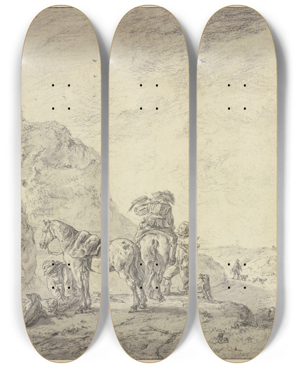 Triptych art skateboard deck of Jacob Van Strij Jagdgesellschaft Mit Falkner In Einer Landschaft by Jacob Van Strij (1756-1815)