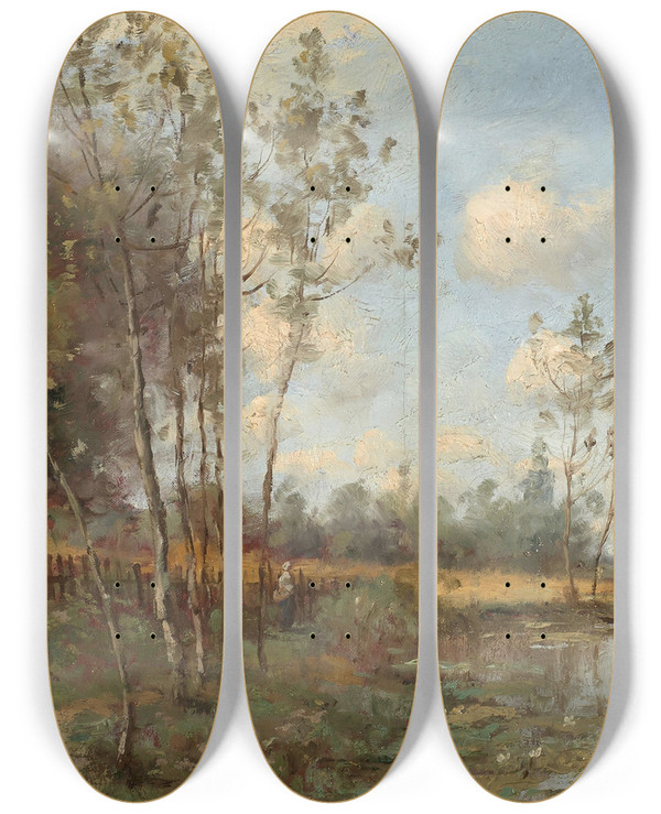 Triptych art skateboard deck of Paul Dsir Trouillebert Lyvre Au Moulin Rabot by Paul Desire Trouillebert (1829-1900)