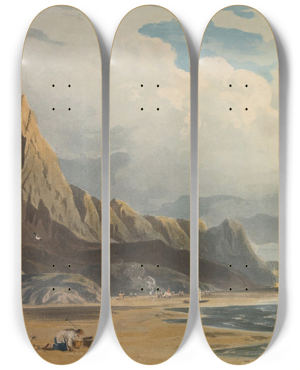 Triptych art skateboard deck of John Varley Figures On The Beach At Barmouth North Wales by John Varley (1778-1842)