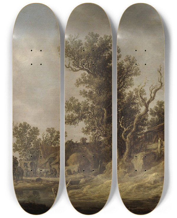 Triptych art skateboard deck of Jan Van Goyen Resting At A Tavern by Jan Van Goyen (1596-1656)