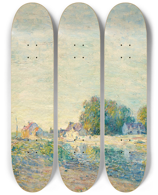 Triptych art skateboard deck of Alfred Sisley Le Barrage Du Canal Du Loing Saintmamms by Alfred Sisley (1840-1899)