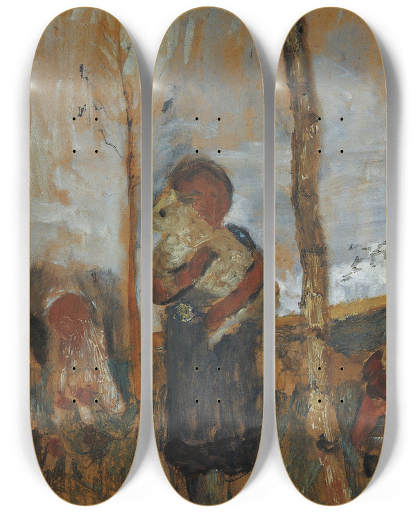 Triptych art skateboard deck of Paula Modersohnbecker Children And Chickens In Front Of A Landscape by Paula Modersohn-Becker (1876-1907)