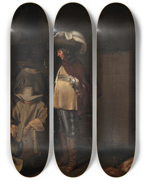 Triptych art skateboard deck of Anthonie Palamedesz A Guardroom by Anthonie Palamedesz (1601-1673)