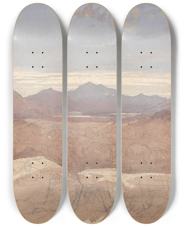 Triptych art skateboard deck of David Cox A Mountainous View North Wales by David Cox (1783-1859)